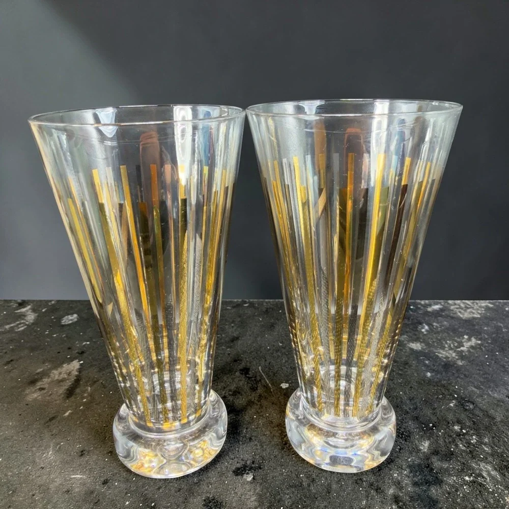 Vintage Mid Century Gold Silver Striped Footed Pilsner Cups Glasses Set of 2 VTG